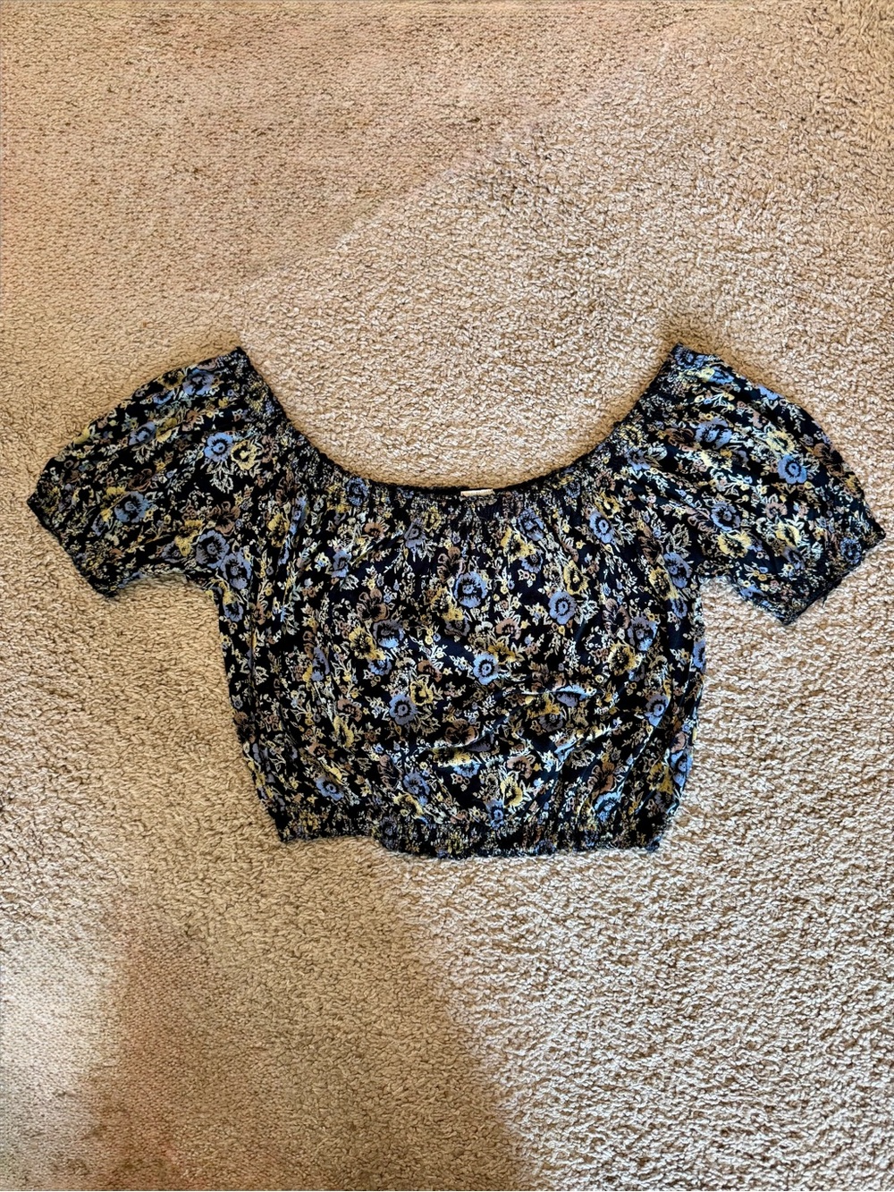 Free People Black Floral Off-Shoulder Crop Top with Blue and Yellow Flowers